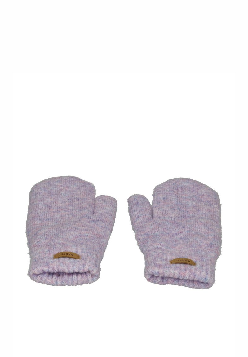 Manoplas de punto en rosa y morado con puños acanalados y una pequeña etiqueta de cuero, que presentan una superficie suave y texturizada y una forma redondeada.