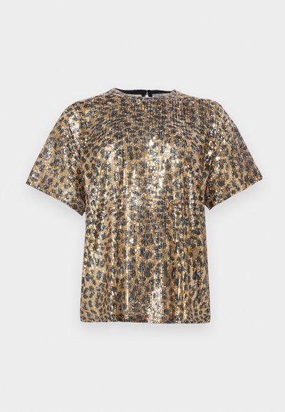 Top con paillettes con motivo animalier leopardo, caratterizzato da maniche corte, colletto rotondo e una combinazione di colori dorato metallizzato e nero.