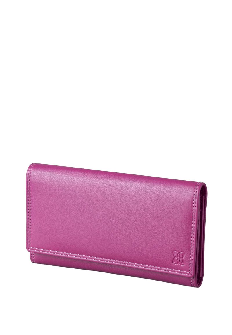 Pink leather wallet with a sleek rectangular design, featuring smooth texture and stitched edges. Notable embossed logo on one side.