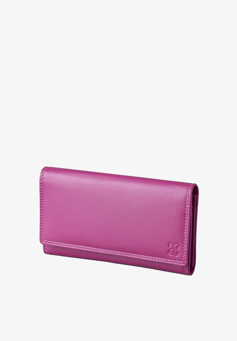 Pink leather wallet with a sleek rectangular design, featuring smooth texture and stitched edges. Notable embossed logo on one side.