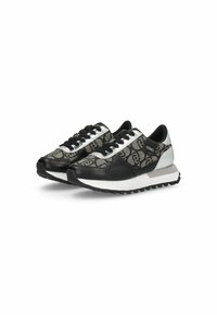 Black and silver athletic shoes with a patterned fabric upper, padded tongue, and rubber outsole. Features a sleek design and contrasting textures.