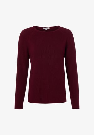 Bordeauxroter Pullover mit langen Ärmeln, Rundhalsausschnitt, nahtlosem Schulterdesign sowie gerippten Bündchen und Saum.