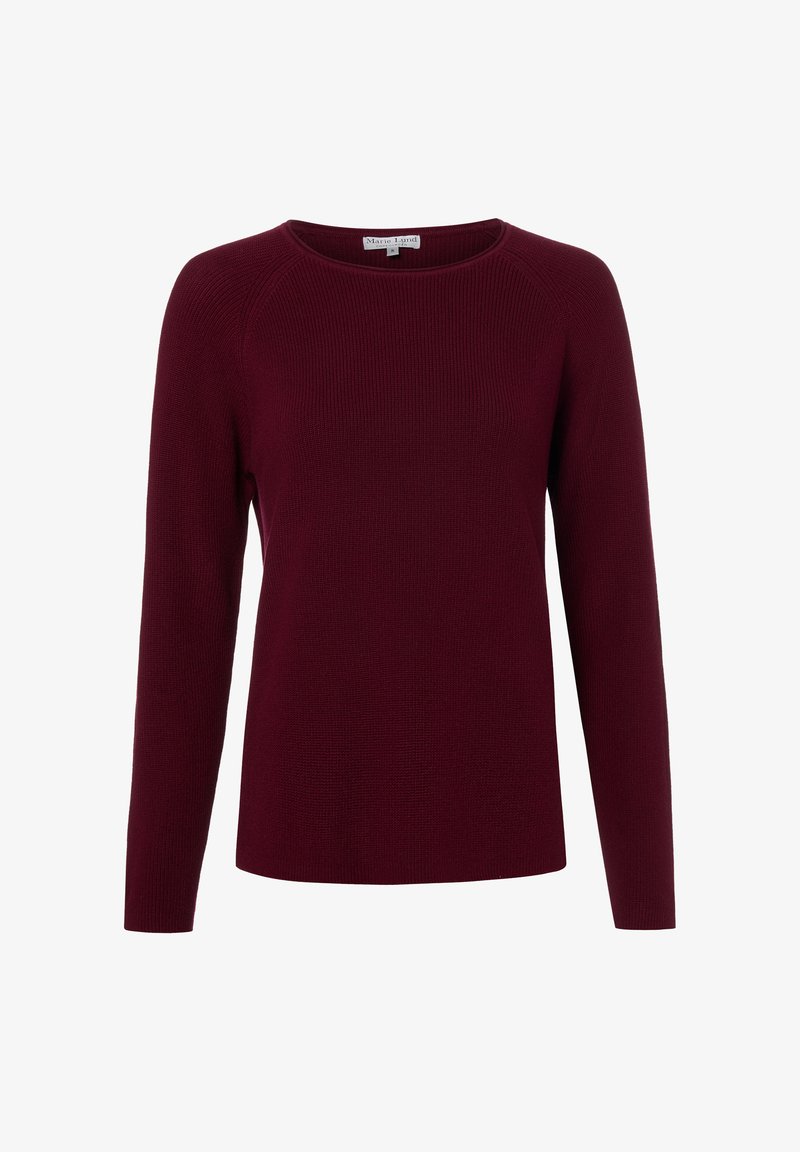 Bordeauxroze gebreide trui met lange mouwen, ronde hals, naadloos schouderontwerp en geribbelde boorden en zoom.