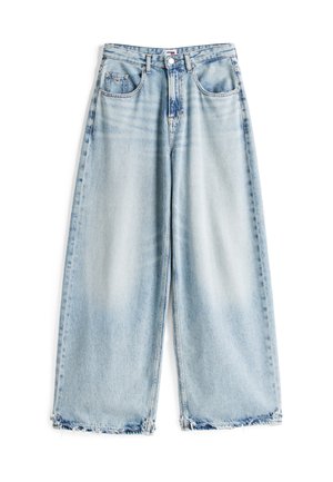 Jasnoniebieskie szerokie dżinsy z denimu, z wysokim stanem, dwoma przednimi kieszeniami i surowym wykończeniem nogawek.