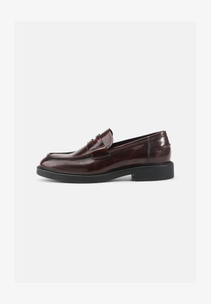 Brown leather loafers with a glossy finish, featuring a stitched toe cap, band detail, and a solid black rubber sole.