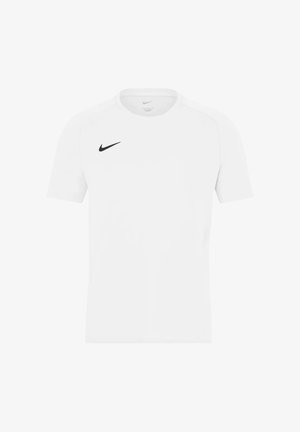 T-shirt de sport blanc à manches courtes avec logo Nike swoosh noir sur le côté droit de la poitrine et col rond.