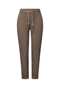 Bruine, gestructureerde casual broeken met een tailleband met trekkoord en taps toelopende benen, ontworpen voor comfort en dagelijks gebruik.