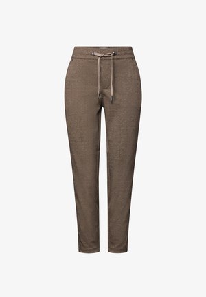 Brązowe, teksturowane spodnie casualowe z elastycznym pasem i zwężającymi się nogawkami, zaprojektowane z myślą o komforcie i codziennym noszeniu.