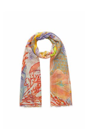 Lichte, doorschijnende sjaal met kleurrijke abstracte bloemen- en koraalpatronen in oranje, paars, geel en blauwe tinten, losjes gevouwen op een witte achtergrond.