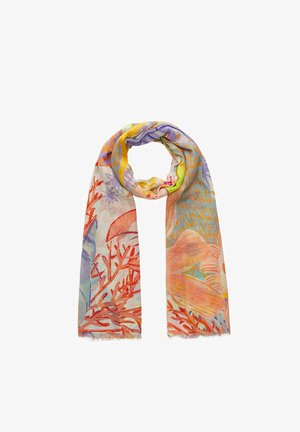Foulard léger et transparent avec des motifs abstraits floraux et coralliens colorés dans des tons orange, violet, jaune et bleu, plié lâchement sur fond blanc.