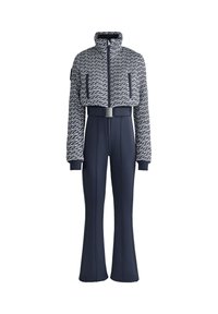 Mornarska skijaška odijela s krojenim, teksturiranim sakoom visokog ovratnika i prednjim zatvaračem, u kombinaciji s širokim hlačama i pojasom u struku.