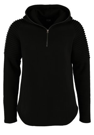 Musthave mustlaine, millel on ribbed detailing õlgadel, pool-zipp ees ja pehme, tekstuuriga kangas. Ümar hem ja pikad varrukad.