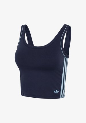 Granatowy krótki top wykonany z bawełny, z jasnoniebieskimi pionowymi paskami po bokach i małym logo przy krawędzi.