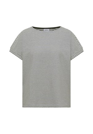 T-shirt blanc à manches courtes avec fines rayures horizontales noires et col rond, étiqueté « Cecil » à l’intérieur du col.
