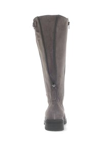 Tall gray suede boots with a smooth texture, featuring a central zipper and a chunky black sole for traction.