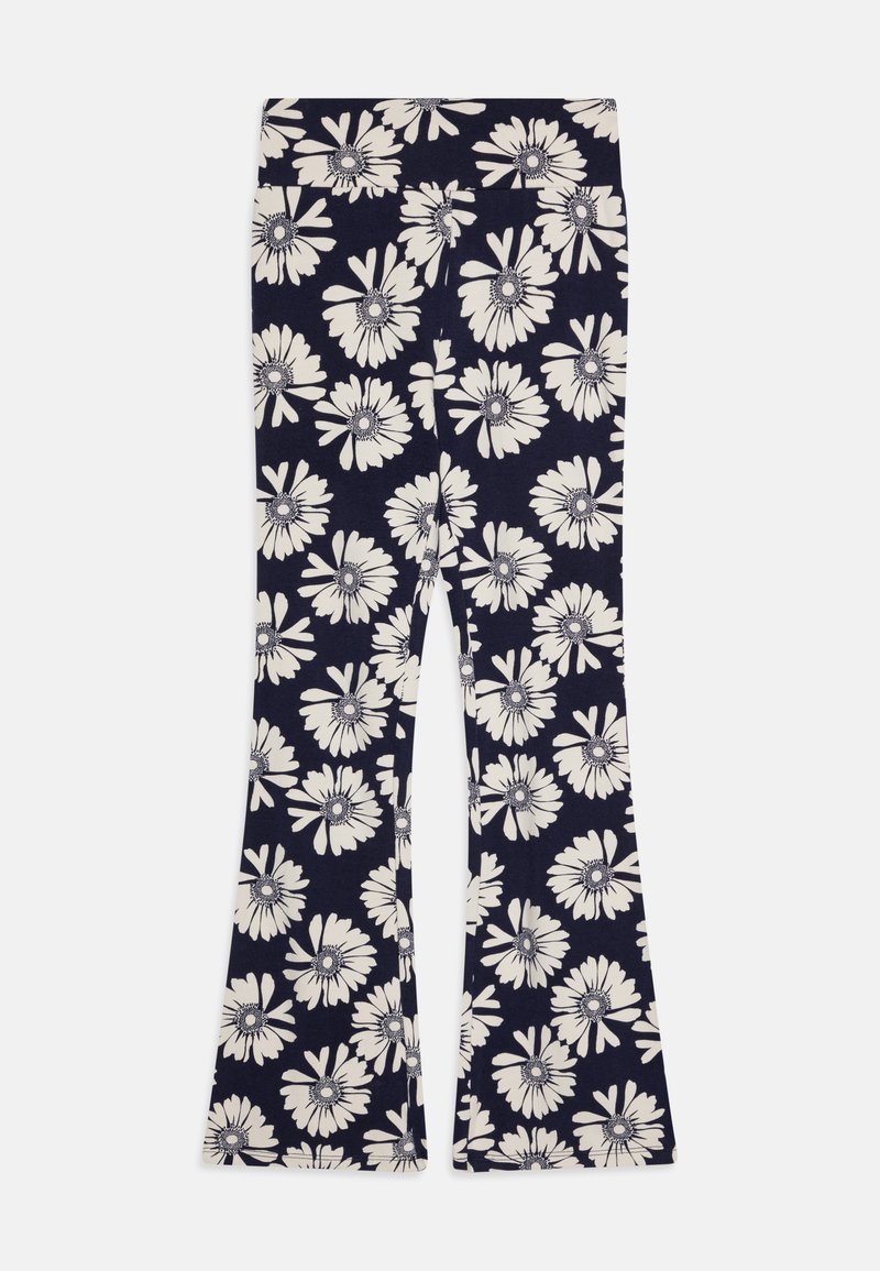 Leggings azul-marinho com um padrão de margaridas brancas, apresentando uma cintura justa e um tecido suave e elástico para conforto e liberdade de movimento.