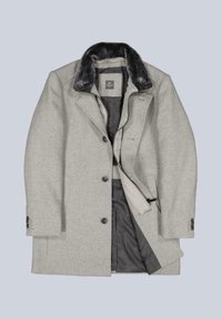 Grauer Fischgrätenmantel mit schwarzem Pelzkragen, Knopfleiste und Innenfutter. Maßgeschneidertes Design, lange Ärmel und Seitentaschen.