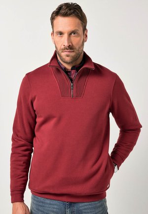 Bordeauxfarbener Pullover mit halbem Reißverschluss. Verfügt über ein geripptes Material am Kragen und enganliegende Bündchen. Getragen über einem karierten Hemd.