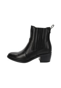 Stivaletto in pelle nera con pannelli elastici laterali, linguetta e tacco basso su sfondo bianco.