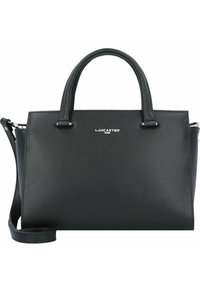 Borsa in pelle nera con texture, dotata di doppi manici superiori e una tracolla rimovibile. Caratterizzata da un dettaglio in metallo argentato e una silhouette strutturata.