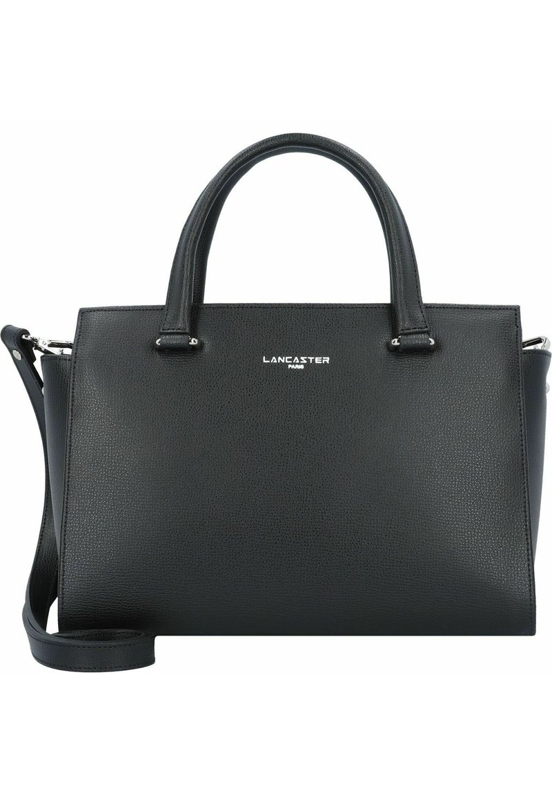 Borsa in pelle nera con texture, dotata di doppi manici superiori e una tracolla rimovibile. Caratterizzata da un dettaglio in metallo argentato e una silhouette strutturata.