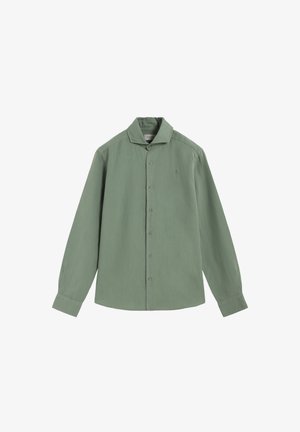 Long-sleeve sage green button-up shirt with a collar and cuffs, displayed on a white background.