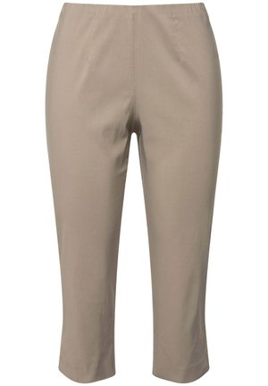 Pantalons cropped beiges fabriqués en tissu doux avec une taille élastique. Présente une coupe droite et un design minimaliste, sans motifs ni accents visibles.