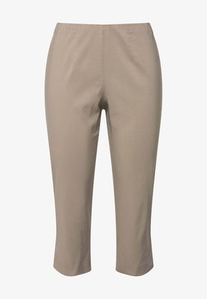 Beige cropped broek gemaakt van zacht materiaal met een elastische tailleband. Heeft een rechte snit en een minimalistisch ontwerp, zonder zichtbare patronen of accenten.