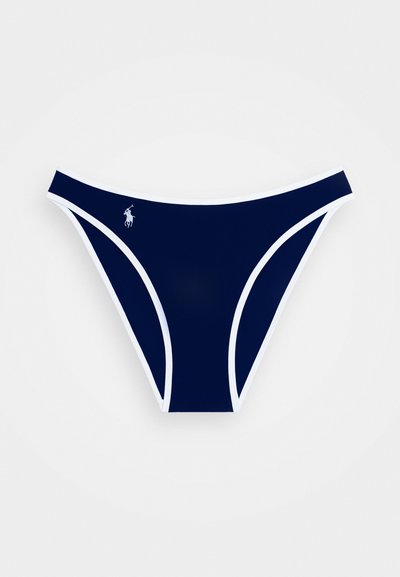 Námořnické bikinové dno s bílým lemováním, s přiléhavým střihem a malým vyšitým logem na levé straně. Hladký, pružný materiál.