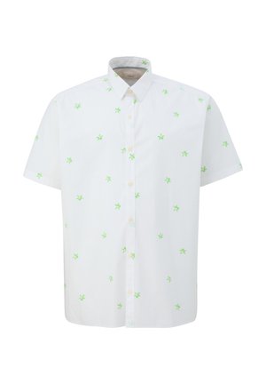 Weißes kurzärmliges Hemd mit hellgrünen Palmenmuster, Knopfleiste und klassischem Kragen. Aus Baumwollmaterial gefertigt.
