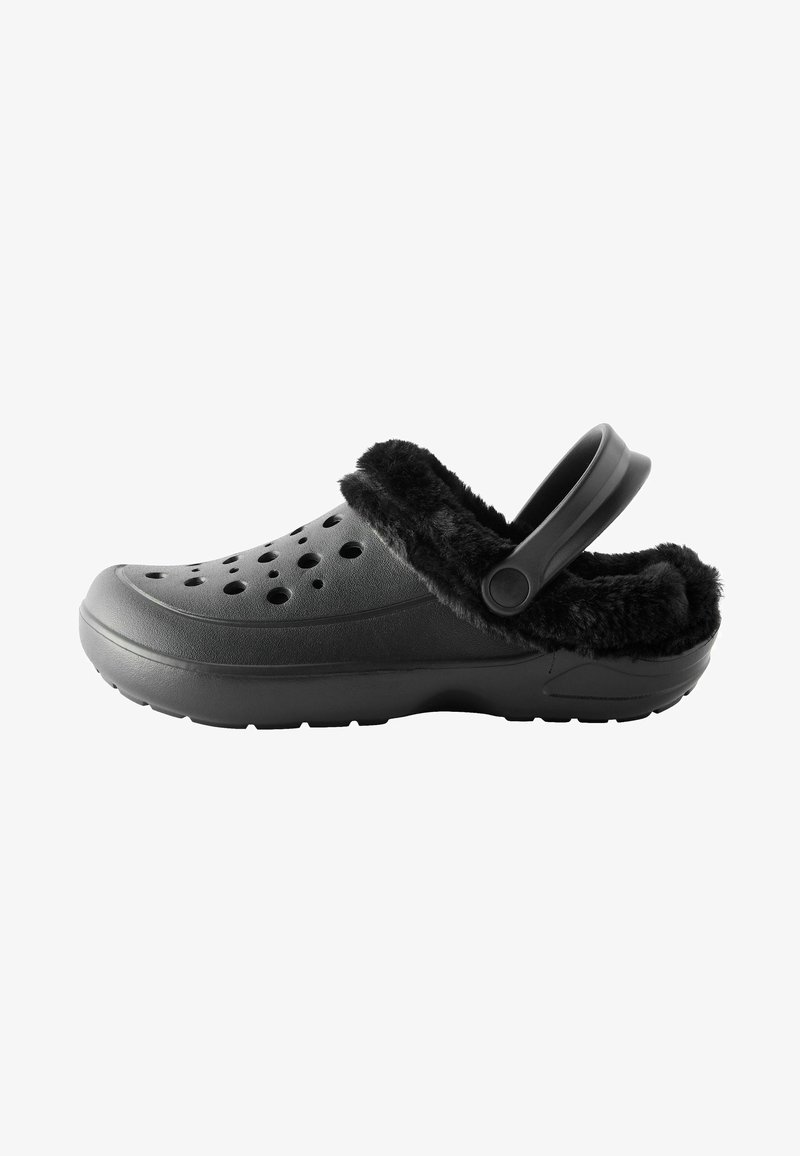 Black clogs with a soft black fur lining, ventilated holes along the upper, and a rear strap for secure fit. Textured rubber sole.