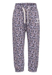 Lila bomulls-joggers med lövtryck, elastisk midja, dragsko stängning och avsmalnande mudd. Logotyp i vitt på sidan.