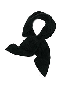 Écharpe noire en matériau doux et texturé ; présente une forme large et fluide avec des extrémités pointues, conçue pour la chaleur et le style.