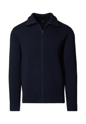 Granatowy sweter rozpinany na zamek z długimi rękawami, ściągaczami przy mankietach, kołnierzem i dołem, pokazany na białym tle.