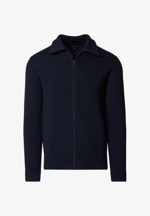 Granatowy sweter rozpinany na zamek z długimi rękawami, ściągaczami przy mankietach, kołnierzem i dołem, pokazany na białym tle.