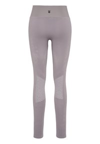 Lysegrå leggings med høj talje, der har teksturerede detaljer og et geometrisk mønster på de nederste ben. Lavet af strækbart materiale.