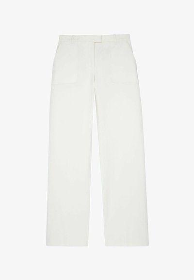 Wijd uitlopende broek van witte stof, met twee voorzakken, een strak ontwerp en een gladde textuur met een getailleerde pasvorm.