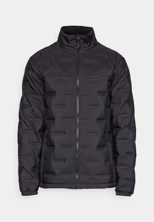 Schwarze Steppjacke mit hohem Kragen, durchgehendem Reißverschluss, strukturierten horizontalen Linien und elastischen Bündchen. Entworfen für Wärme und Komfort.