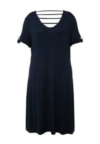 Tummansininen mekko, jossa on V-pääntiö ja lyhyet hihat, sekä vaakasuorat leikkaukset rinnan alueella. Valmistettu pehmeästä kankaasta, jossa on rento istuvuus.
