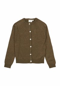 Cardigan maro cu guler rotund, mâneci lungi și șapte nasturi albi. Textură tricotată cu dungi de culori mai deschise în întreaga compoziție.