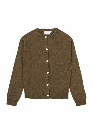 Bruine cardigan met een ronde hals, lange mouwen en zeven witte knopen. Gebreide textuur met vlekken van lichtere kleuren door het geheel.
