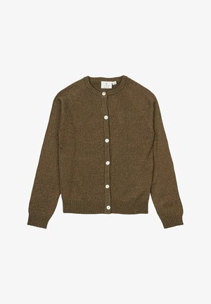 pruun kardigan ümmarguse kaelusega, pikkade varrukatega ja seitsme valge nööriga. Kootud tekstuur, milles on üle kogu pind väikeseid heledamaid värvilaike.