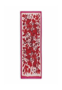 Nappe florale rouge présentant des motifs complexes sur un fond blanc, bordée d'un liseré rose et de détails en zigzag.