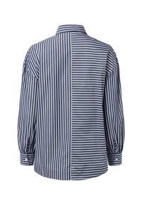 Blue and white striped blouse with a collar, featuring varied stripe widths, long sleeves, and button cuffs. Smooth fabric and tailored shape.