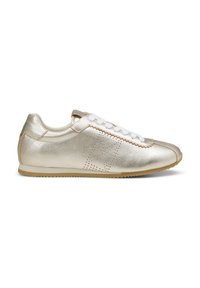 Metallic gold sneakers with a smooth leather upper, white laces, and perforated detailing. Rubber sole with beige accents.