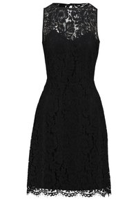 Robe noire sans manches en dentelle avec motif floral, taille cintrée, et encolure en dentelle transparente s'étendant jusqu'aux épaules, longueur au-dessus du genou.