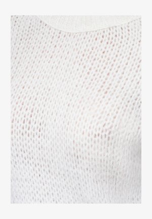 Pull en tricot blanc chunky avec un motif texturé, doté d'un col en côtes. Le tissu semble doux et légèrement transparent.