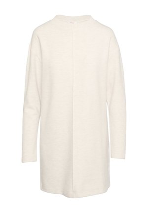 Lange mouw tuniek van zacht, roomkleurig materiaal met een hoge hals en middelste naden detail; ontspannen, oversized pasvorm.