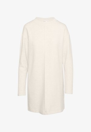 Lange mouw tuniek van zacht, roomkleurig materiaal met een hoge hals en middelste naden detail; ontspannen, oversized pasvorm.