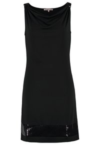 Svart ärmlös klänning med draperad halsringning, med en paljettbesatt kant. Släta tyger, knälång modell och subtil lyster från paljetterna.